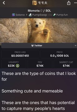 The image shows a meme token listing for "Momota" ($SOL) featuring an adorable quokka photo, with stats showing $0.00007451 price, $74K FDV, and $23K liquidity. The caption reads "These are the type of coins that I look for - Something cute and memeable - These are the ones that has potential to capture many people's hearts," which aligns with the post highlighting Momota's projected growth from $74k to $4.8m as a viral meme coin opportunity shared first on the PyrosRoulette Telegram channel.