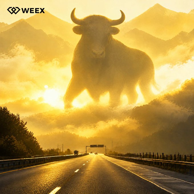 A WEEX promotional image showing a giant, glowing bull standing amidst golden clouds above a road at sunset.