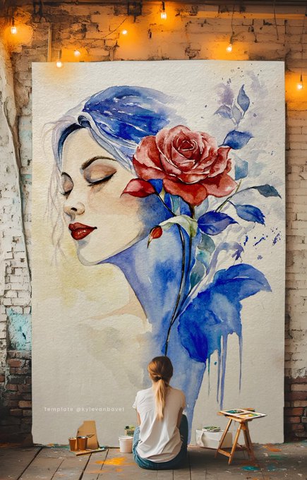 A person sits in front of a large watercolor-style mural of a woman with blue hair and a red rose, with a watermark reading 'Template @stevenbavel'.