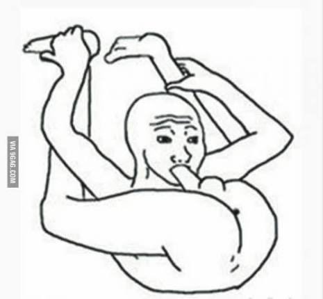 A black-and-white line drawing meme from 9GAG depicting a distorted, flexible human figure contorted into a confusing pose.