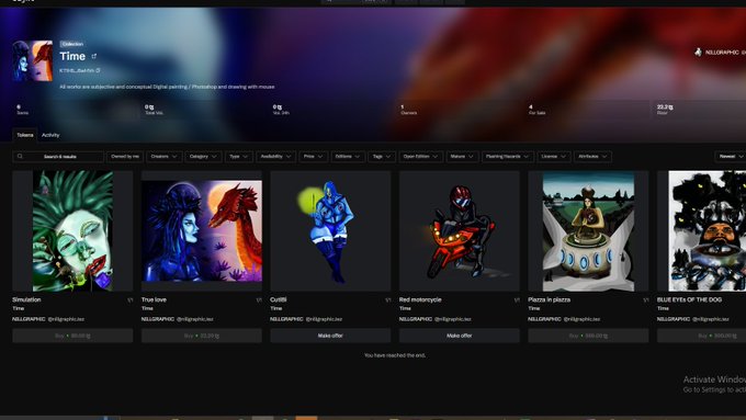 A screenshot of a digital marketplace or NFT platform displaying various character artworks, with navigation tabs including 'Simulation,' 'True love,' 'Outfit,' 'Red motorcycle,' and 'Planets in plasma,' along with an 'Activate Windows' watermark in the corner.