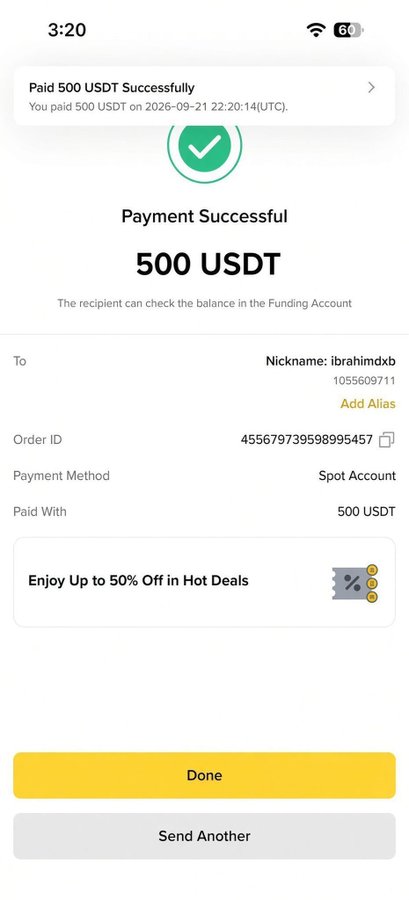 A mobile payment confirmation screen showing "Payment Successful 500 USDT" sent to the nickname "ibrahimdxb" with order ID 455679739598995457.