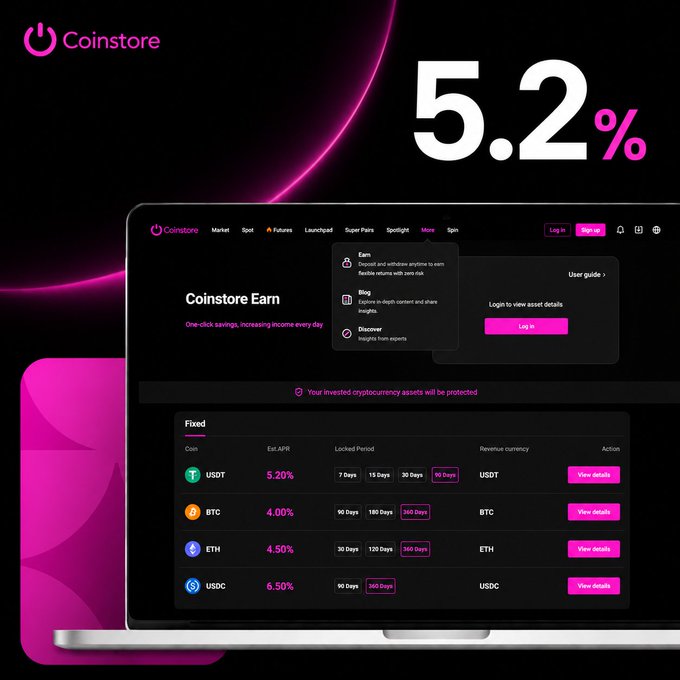 The image features a laptop screen displaying a cryptocurrency trading platform called CoinStore Earn. The platform allows users to earn daily rewards by trading various cryptocurrencies such as Bitcoin (BTC), Etherium (ETH), and Litecoin (LTC). It also supports other major assets like USDT, BTC, ETH, and LTC. The post emphasizes the importance of investing in cryptocurrency and highlights how CoinStore Earn can help users make informed decisions about their investments.
