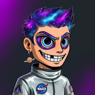Cartoon-style avatar of a grinning character with cosmic/galaxy-patterned purple hair and blue eyes, wearing a silver NASA spacesuit with mission patches against a purple backdrop.