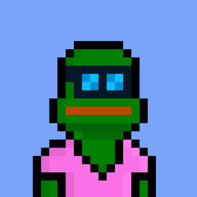 A pixel art illustration of a green frog-like character wearing a black VR headset and a pink shirt against a light blue background.