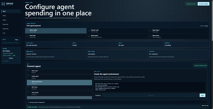 A dark-themed dashboard for "Paybound" (Agent Vault v0.3) showing configuration panels for agent spending, including "Find agent payment" with a USDC budget, "Connect agent" settings, and a code snippet for creating the agent environment on Arc Testnet. The interface displays options for owner wallet, find wallet, spend policy, and a private key generation step, visually representing the post's concept of giving AI agents a rule-bound USDC spending budget onchain.
