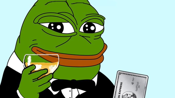A cartoon “Pepe” character in a tuxedo holds a drink while examining a document marked “THE PRESIDENT” and “100,” fitting the post’s memecoin recap of dramatic gains, large holders, and a steep “poorgoat” dump.