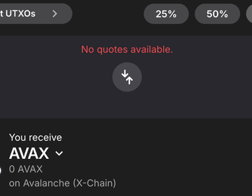 A dark-themed cryptocurrency swap interface shows "No quotes available" with a downward arrow, where a user expects to receive AVAX on the Avalanche (X-Chain). The image illustrates a failed or unavailable AVAX swap, suggesting integration challenges with AVXTO that the post discusses addressing.