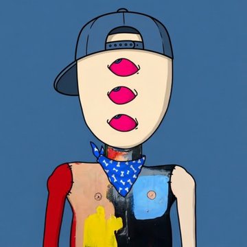 A surreal digital illustration of a faceless figure wearing a backwards baseball cap and an American flag bandana, with three pairs of lips stacked vertically on its face.