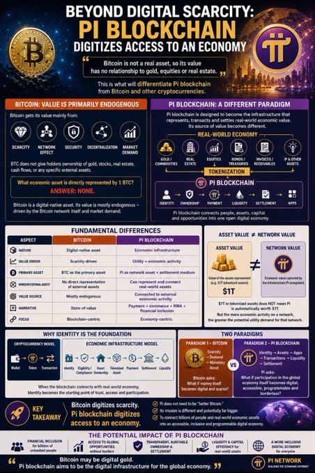 The infographic titled "Beyond Digital Scarcity: Pi Blockchain Digitizes Access to an Economy" contrasts Bitcoin (BTC), described as a digital-native asset whose value is primarily endogenous, with Pi Blockchain (PI), positioned as infrastructure for tokenizing real-world assets through identity, ownership, payment, liquidity, settlement, and applications. It highlights Pi's mission to digitize access to an economy, emphasizing that "$1T in tokenized assets does NOT mean Pi is automatically worth $1T," and portrays Pi as targeting global digital economic participation rather than serving purely as digital gold like Bitcoin.