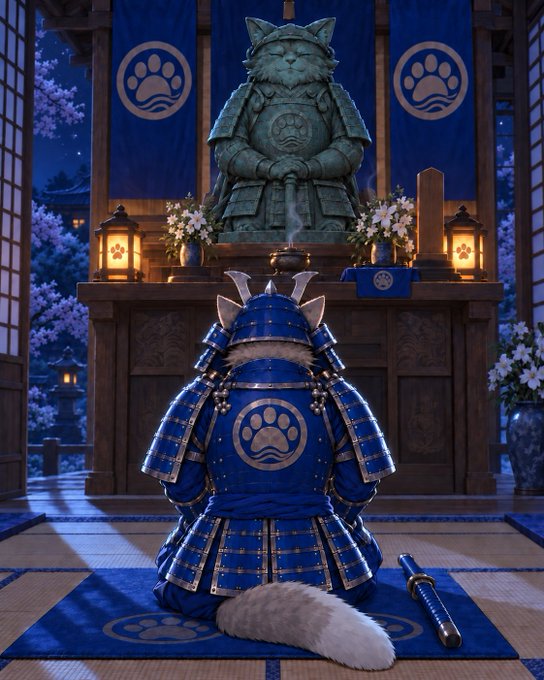 An AI-generated image of a cat-like samurai in blue armor kneeling before a cat statue in a Japanese shrine decorated with paw print banners.
