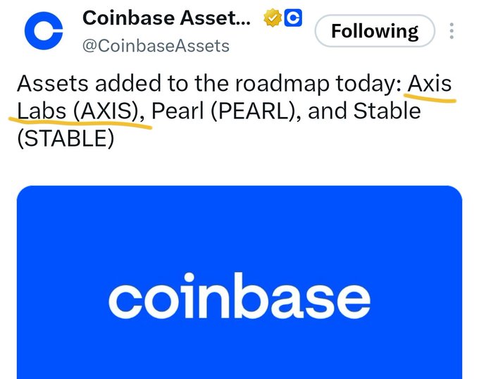 Tweet from Coinbase Assets announcing assets added to their roadmap: Axis Labs (AXIS), Pearl (PEARL), and Stable (STABLE).