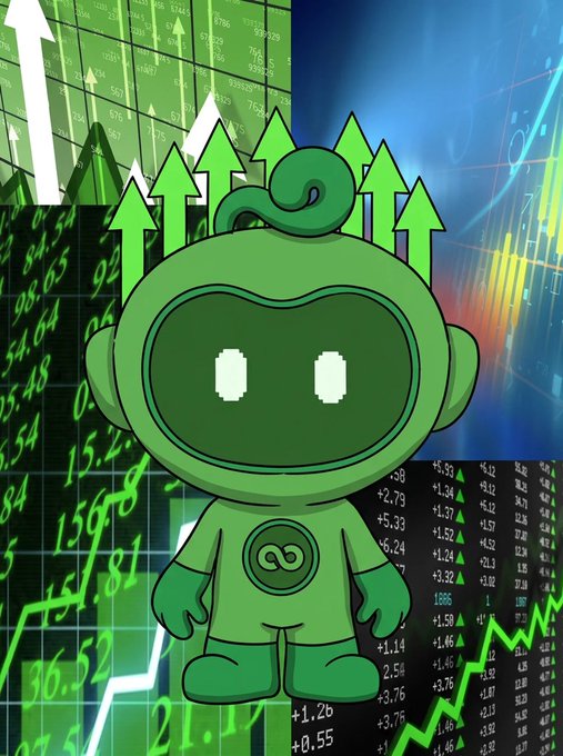 A cartoon green robot or alien mascot character overlaid on financial charts with green upward-pointing arrows and stock market data in the background.