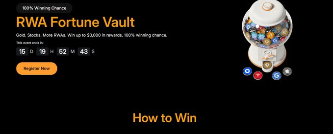 The image shows a Bybit promotional banner for the "RWA Fortune Vault" event, which advertises a "100% Winning Chance" to win up to $3,000 in rewards including gold, stocks, and other RWAs (Real World Assets), with 15 days, 19 hours, 52 minutes, and 43 seconds remaining before the event ends. The banner features a gumball machine filled with various icons representing prize assets like Apple (AAPL), Tesla (TSLA), and Amazon, reinforcing the post's claim of guaranteed wins with shares of these major stocks as prizes.