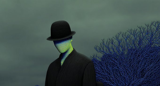 A 3D rendered figure wearing a black hat and suit, with a face made of glowing blue and green horizontal lines, standing next to a stylized blue tree under a dark sky.