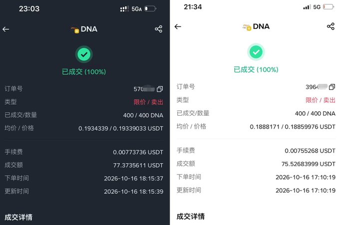Two side-by-side cryptocurrency transaction confirmations for 'DNA' showing completed sell orders of 400/400 DNA at ~0.19 USDT each, totaling around 75-77 USDT, dated 2026-10-16.