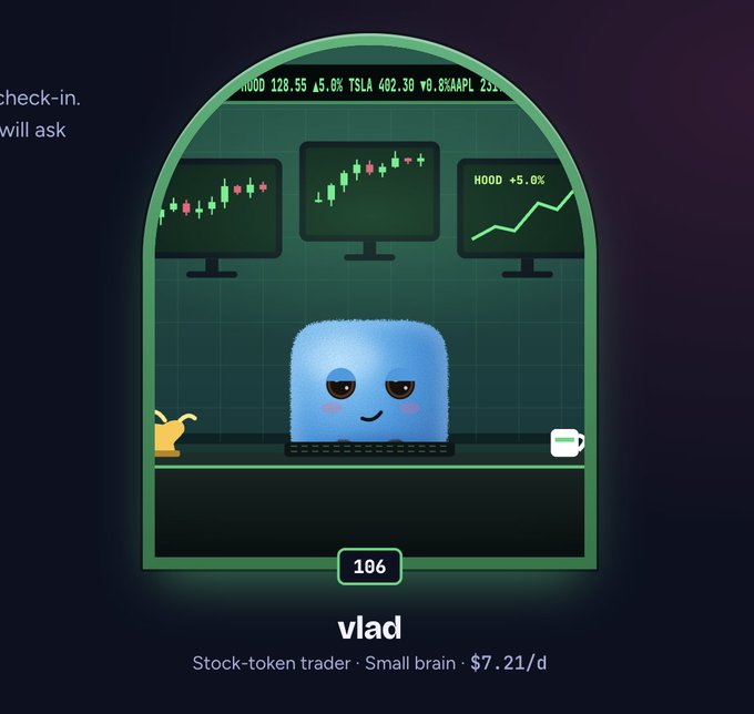 A digital illustration of a cute blue fuzzy character named 'vlad' working at a stock-trading desk with multiple monitors showing stock tickers like HOOD, TSLA, AAPL, and the description 'Stock-token trader · Small brain · $7.21/d'.