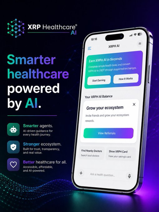 An advertisement for 'XRP Healthcare AI' with the tagline 'Smarter healthcare powered by AI,' showing a mobile phone interface for the XRPH AI app with options to 'Start Earning' and 'Find Nearby Doctors.'