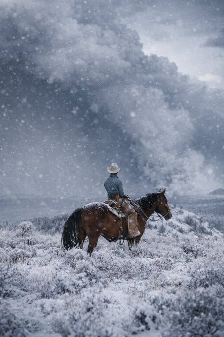 The image shows a cowboy sitting on top of his horse, which is covered in snow. The cowboy appears to be wearing a hat as he enjoys the snowy landscape. The scene takes place outdoors with a backdrop of a mountain range under a cloudy sky. The image also contains text that reads "GM. Fear at extreme levels. RSI at one of lowest points since FTX collapse. STH taking huge losses over the last week. Power Law model about to break to the downside. Michael Saylor sold 32 Bitcoin! Clarity Act in mothballs." This information is not directly related to the cowboy and his horse, but it adds context to the image by discussing a recent event or market trend that could be connected to the snowy setting.