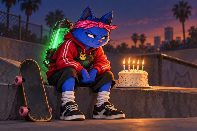 AI-generated illustration of a grumpy blue cat character wearing a red jacket and bandana, sitting on a ledge with a skateboard and looking at a birthday cake with lit candles at sunset.
