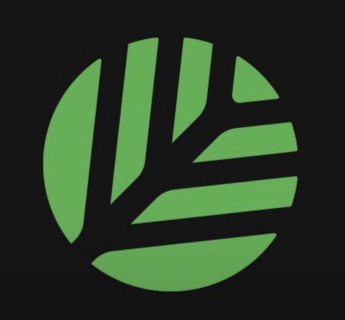 A minimalist green leaf logo on a black background, featuring a stylized plant/leaf design that resembles rising hands or rays.