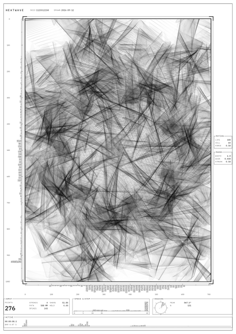 A black and white abstract artwork titled 'HEARTWAVE' by Siamizu3288, featuring chaotic intersecting lines on a data plot with Japanese text and various metrics displayed.