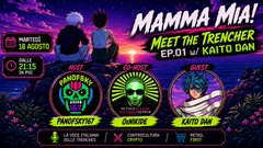 A promotional graphic for 'MAMMA MIA! MEET THE TRENCHER EP.01 w/ KAITO DAN' dated March 18, 2025, featuring neon-styled circular character avatars for 'FUNGICITOS', 'DANSRO', and 'Kaito Dan'.