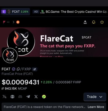 A token info screen showing FlareCat ($FCAT) on the X-FXR/Rain network at $0.0009431 (+2.26%), market cap 943.15K, with the tagline 'The cat that pays you FXRP' that swaps FXRP into wallet automatically.