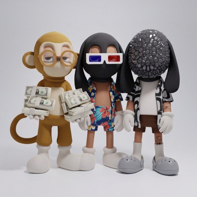 Three designer toy figurines stand side by side: a monkey in glasses holding stacks of cash, a black rabbit-headed figure in 3D glasses and a floral shirt, and a dog-like figure in a black-and-white patterned shirt.