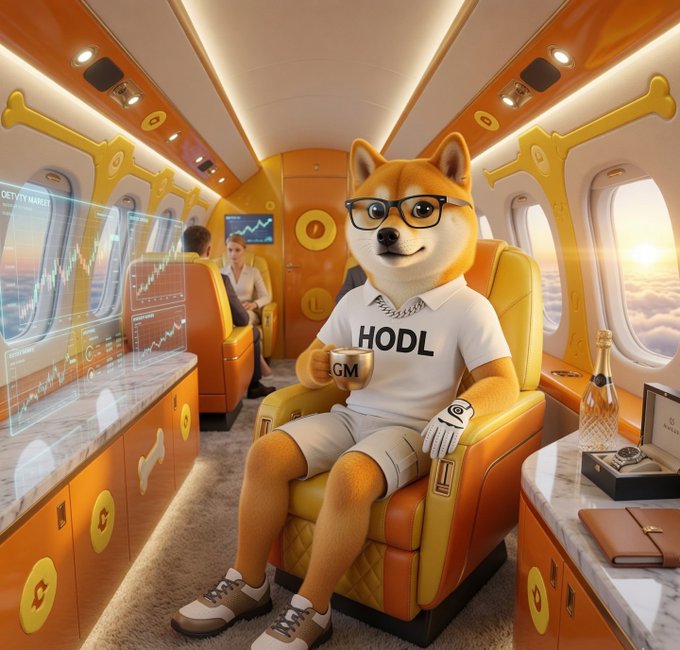 The image features a Shiba Inu dog wearing glasses, sitting comfortably in an airplane seat with its owner. The dog's owner has placed a cup of coffee next to them, suggesting they are enjoying their time together during the flight. The background shows other passengers and cabin crew members, indicating that this is a typical scene on an airplane. The post caption reads "GM. This is where legends are made. $DOGE".