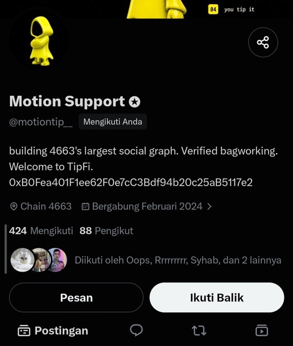 A social media profile for 'Motion Support' (@motiontip.__) featuring a yellow hooded figure avatar, stating 'building 4663's largest social graph. Verified bagworking. Welcome to TipFi.' with the wallet address 0xB0Fea401f1ee62f0e7cC3Bdf94b20c25aB5117e2.