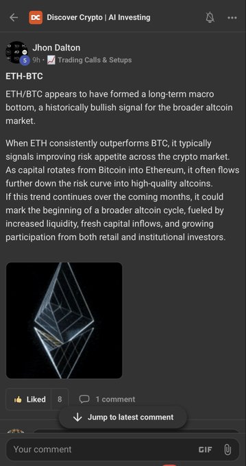 A LinkedIn-style post by Jhon Dalton on Discover Crypto | AI Investing predicts ETH-BTC has formed a long-term macro bottom—a historically bullish signal for altcoins—implying capital rotation into Ethereum could ignite a broader altcoin cycle. The post references ETH/BTC liquidity pools and a Skool strategy group, aligning with the bullish ETH sentiment expressed in the caption.