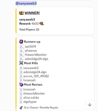 A screenshot of a Discord/Telegram winner announcement showing user 'sanyaweb3' won a 'Classic • Rumble Royale' game with a reward of 4600 and 23 total players.