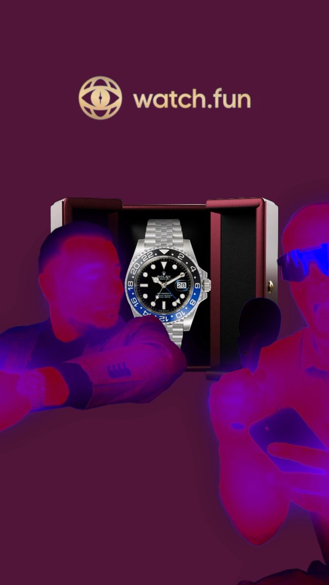 A promotional graphic for "watch.fun" featuring a Rolex watch displayed in a box, overlaid with stylized purple silhouettes of people.