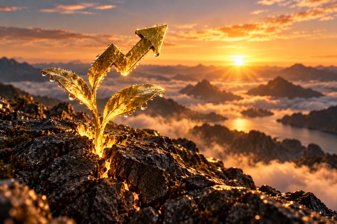 Digital artwork showing a glowing golden plant with an upward-pointing arrow growing from rocky terrain against a sunset sky with clouds and water.