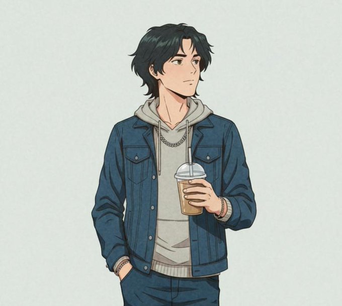 An anime-style illustration of a young man with messy dark hair wearing a denim jacket over a gray hoodie, holding a plastic cup of iced coffee.