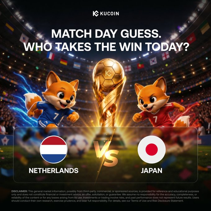 The image features two cartoon foxes wearing soccer jerseys, with one fox representing Netherlands and the other representing Japan. They are standing next to a soccer ball, which is placed above them. The background of the image shows a stadium filled with people watching the game. The text in the image reads "Match Day Guess. Who takes the win today? Netherlands vs Japan".