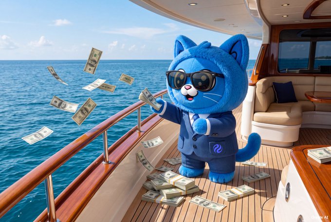 An AI-generated image of a blue cartoon cat wearing a suit and sunglasses, standing on a yacht deck as dollar bills fly around in the wind.