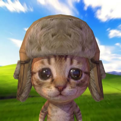 A 3D-rendered cartoon cat character with large eyes wears a furry trapper hat against a backdrop of green hills and blue sky.