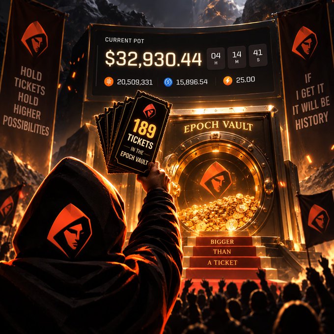 A hooded figure displays tickets reading '189 TICKETS IN THE EPOCH VAULT' before an 'EPOCH VAULT' containing gold coins, with a scoreboard showing 'CURRENT POT $32,930.44' and banners stating 'HOLD TICKETS HOLD HIGHER POSSIBILITIES' and 'BIGGER THAN A TICKET'.