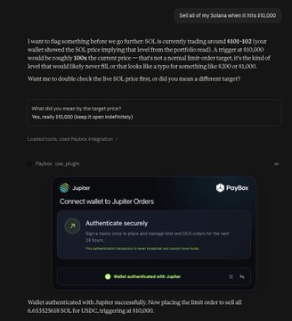 The screenshot shows a PayBox interface displaying instructions to sell SOL when it hits $10,000, with a confirmation showing authentication via Phantom and a successfully placed limit order on Jupiter for 8,635,526.18 SOL at $10,000 using USDC, aligning with the post's request to set a limit sell order using PayBox and Jupiter.
