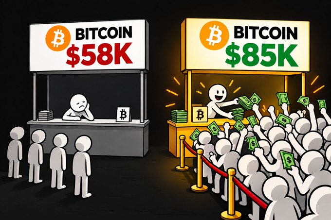 A cartoon illustration contrasts a sad vendor at a '$58K Bitcoin' stall with an empty crowd against a thrilled vendor at an '$85K Bitcoin' stall surrounded by a cheering crowd with money.