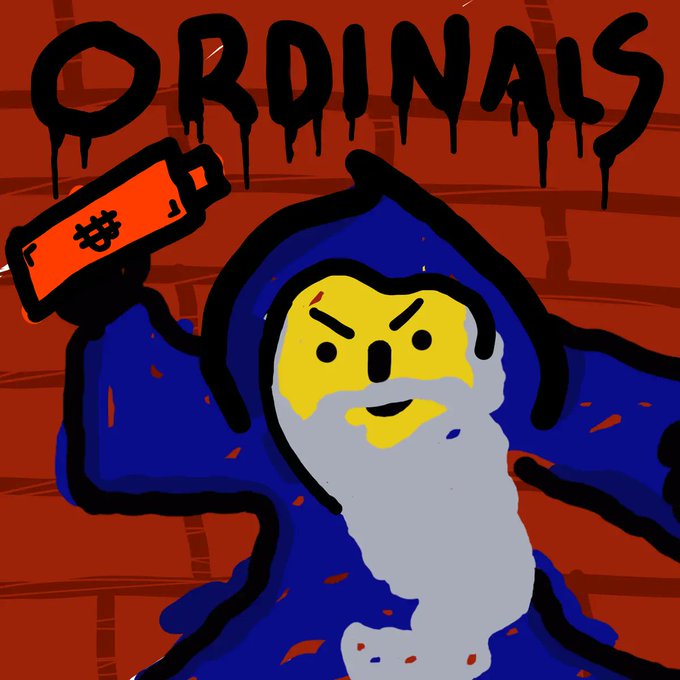 A stylized cartoon illustration of a bearded wizard character holding a spray can with a Bitcoin symbol, under the word "ORDINALS" in graffiti-style text.