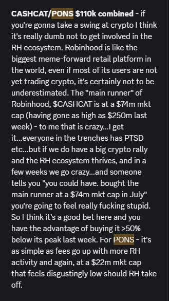A block of text discussing crypto investments, specifically mentioning 'CASHCAT/PONS $110k combined' and the 'RH ecosystem' (Robinhood), advising on buying at advantageous prices.