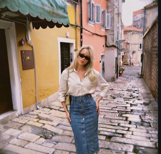 A blonde woman wearing sunglasses, a white button-down shirt, and a long denim skirt stands in a narrow cobblestone street lined with colorful buildings.