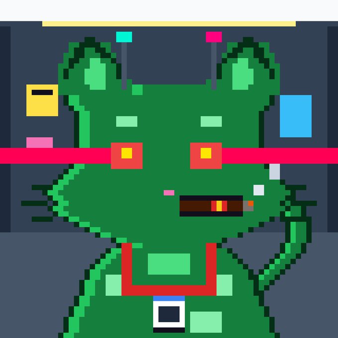A pixel art illustration of a green frog-like character with square yellow eyes, wearing red overall straps, and seemingly holding a small brown object in its mouth.