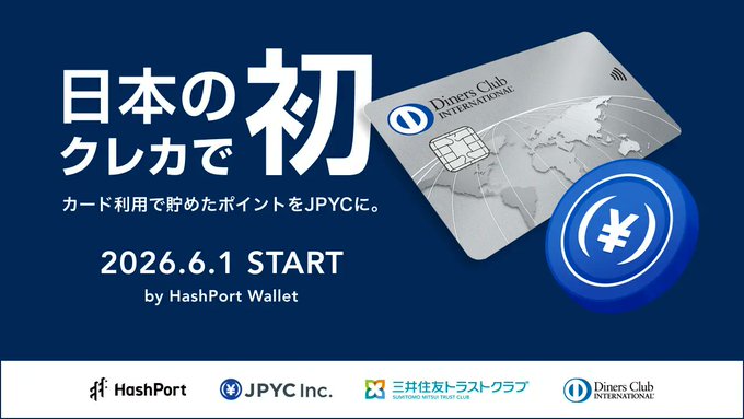 The image features a promotional poster for a new type of Japanese credit card, called the Diners Club JPYC. The card is designed with a map of Japan and a blue circle representing a yen coin. The text on the poster indicates that this is the first attempt in history at creating a stablecoin using points accumulated on your credit card to represent the Japanese yen.