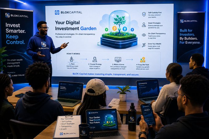 A presentation scene titled 'BLOKCAPITAL: Your Digital Investment Garden' showing a presenter in a blue BLOKCAPITAL hoodie explaining the platform to an audience with laptops, powered by Arbitrum.