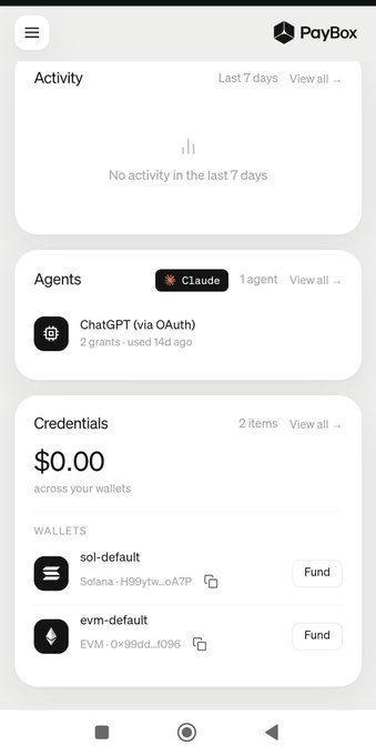 A mobile screenshot of the PayBox app dashboard showing an 'Activity' section with no recent events, an 'Agents' section, and 'Credentials' displaying a balance of $0.00 across Solana and EVM wallets.