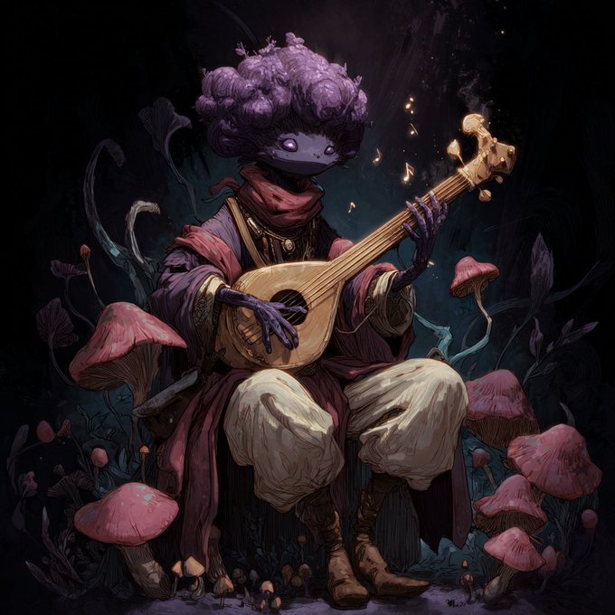 A dark fantasy illustration of a purple-skinned, mushroom-haired humanoid character with glowing eyes playing a lute while sitting among oversized pink mushrooms.